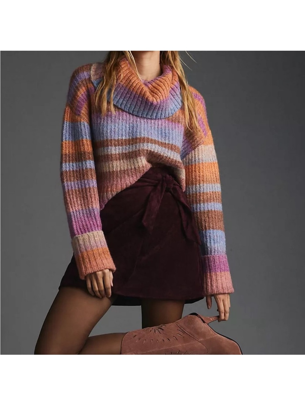 By Anthropologie pastel striped cowl neck sweater chunky wool blend large